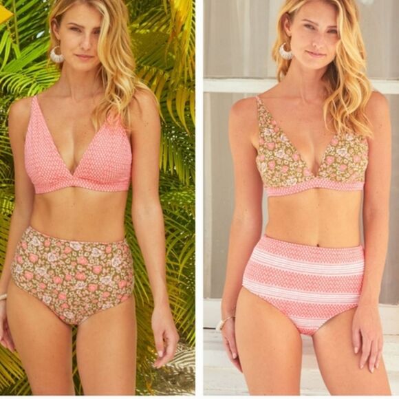 Cabana Life Jetties Beach Reversible triangle bikini top & high waist bottom S - Picture 9 of 12